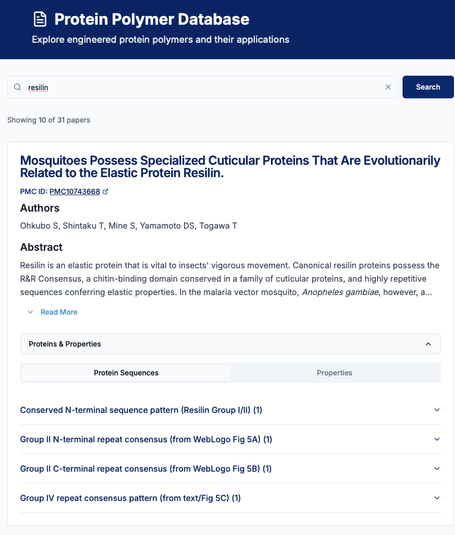Database result for a resilin-based protein polymer